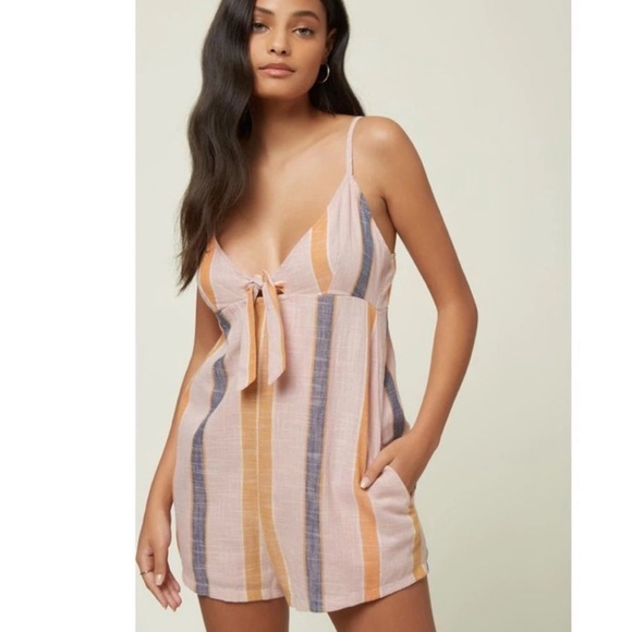 O'Neill Tatum Tie Front Romper Pink Striped Retro Beach Size Medium - Picture 11 of 13